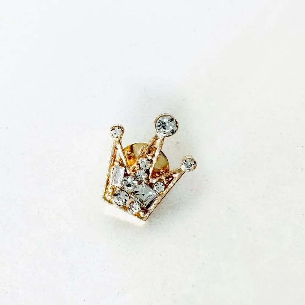 VINTAGE Gold White Clear CZ Cubic Zirconia Crystal Crown Pin Brooch Unisex Jewel - Picture 2 of 5